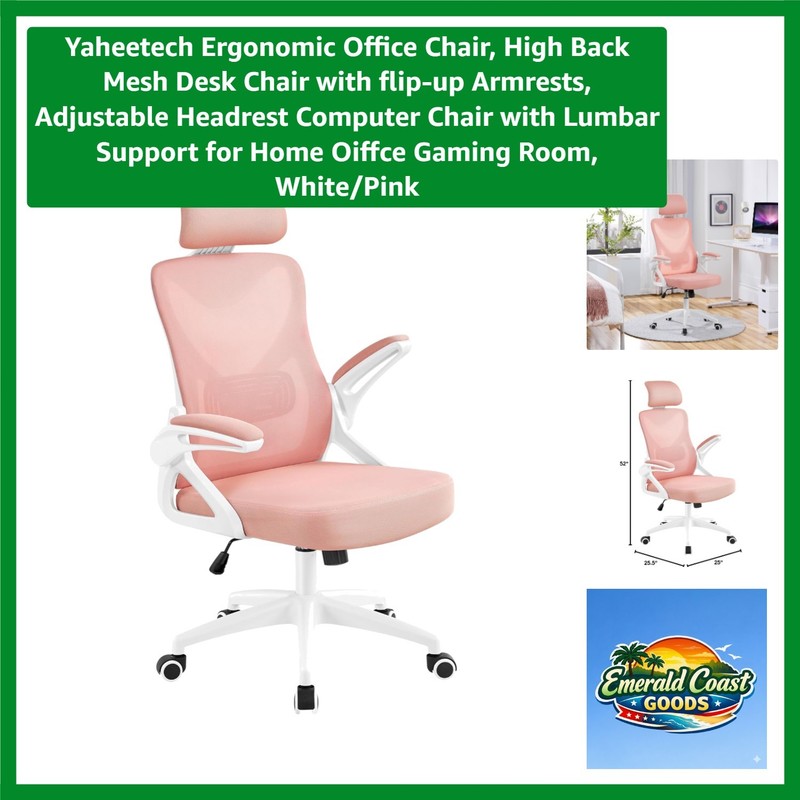 Stylish High Back White/Pink Ergonomic Chair with Rolling Base – 300 lb Capacity