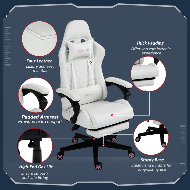 Racing Gaming Chair w/ Padded Arms, PU Leather Gamer Recliner Home Office White gallery