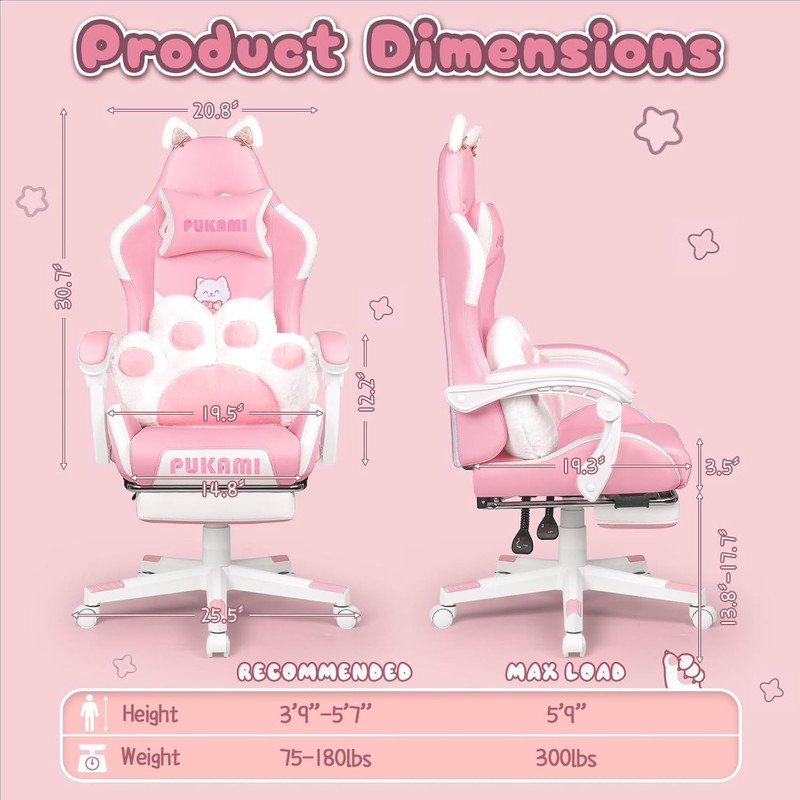 Pink Gaming Chair Cute W/ Cat Ears & Cat Paw Lumbar Cushion Ergonomic Computer gallery