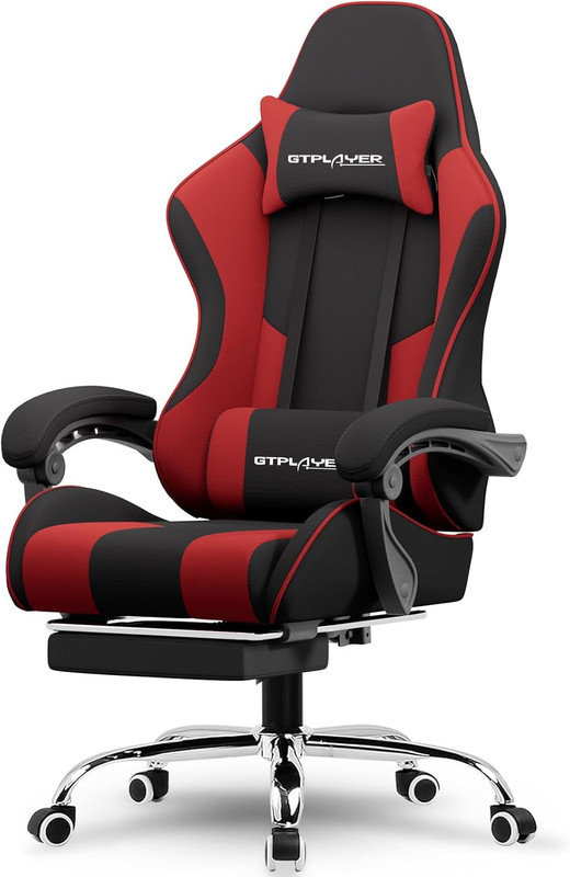 GTPlayer Adjustable Gaming Computer Chair, Footrest & Lumbar Support Red Fabric