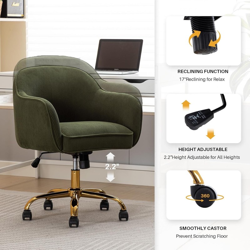 Home Office Desk Chair W/ Arms Gold Wheels Modern Velvet Upholstered Rolling gallery