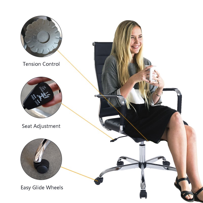 High Back Ribbed Office Chair Computer PU Height Adjustable Rolling Swivel Black gallery