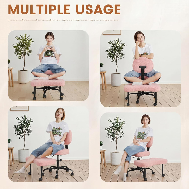 Adjustable Ergonomic Cross Legged Office Chair with Wheels - Pink Teddy Fleece gallery
