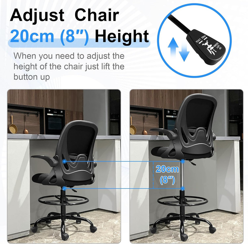 Tall Drafting Office Chair with Foot Ring Adjustable Ergonomic Desk Chair Black gallery