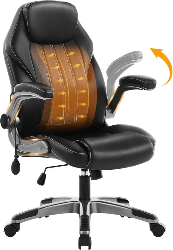 Office Desk , Ergonomic Computer with Padded Flip-Up Arms and Adjustable Lumbar