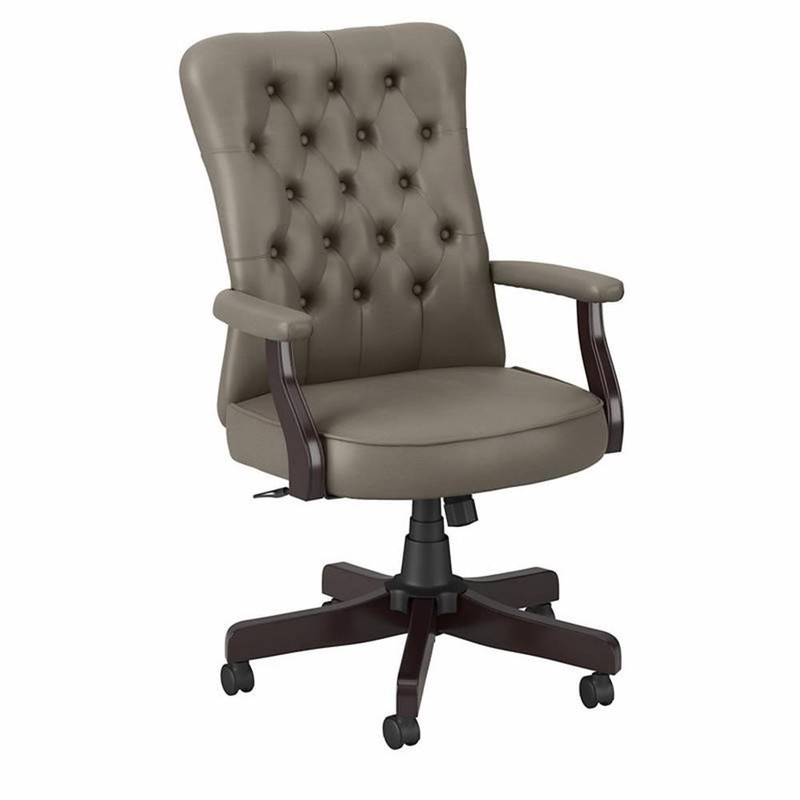 Pemberly Row High Back Tufted Office Chair with Arms in Washed Gray Leather