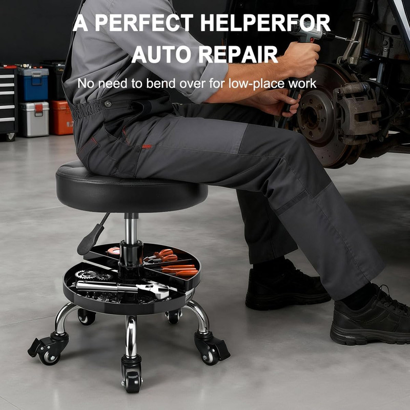 Adjustable Seat Work Shop Stool Chair Swivel Rolling Garage Mechanics w/ Storage gallery
