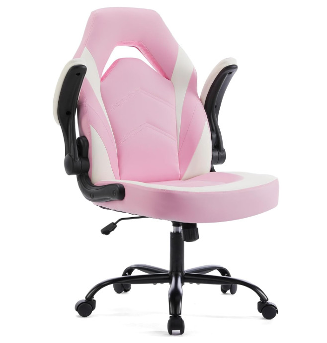 Sweetcrispy Pink Gaming Office Chair PU Leather Flip-Up Armrest