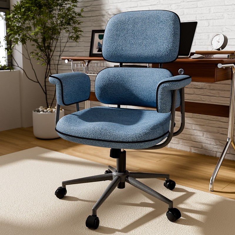 Vintage Office Chair Wide Arms Linen Fabric Molded Cotton Seat Adjustable Height