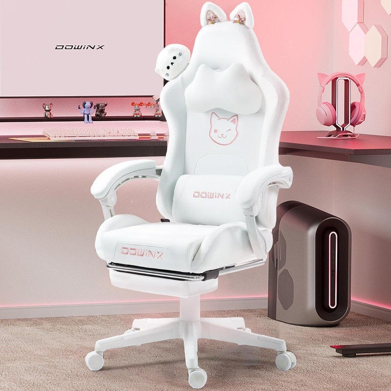 Gaming Chair Cute with Cat Ears and Massage Lumbar Support, Ergonomic Computer C gallery
