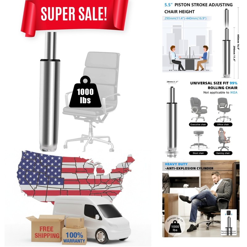 Universal 5.5 Inch Adjustable Office Chair Cylinder – 1000 lbs Capacity, Silver