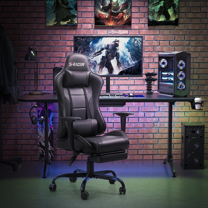 Back Gaming PU Leather Chair with Footrest Chair Massage Office Chair High Blac gallery