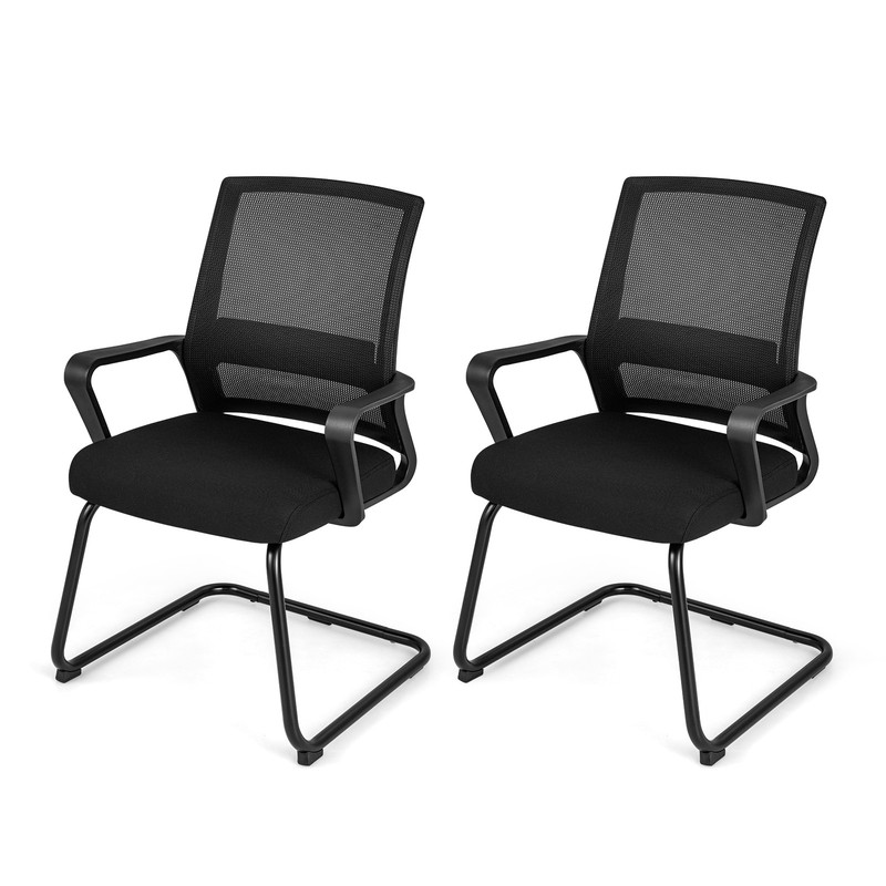 Office Guest Chair Set of 2 w/ Lumbar Support, Mesh Back without Wheels Black