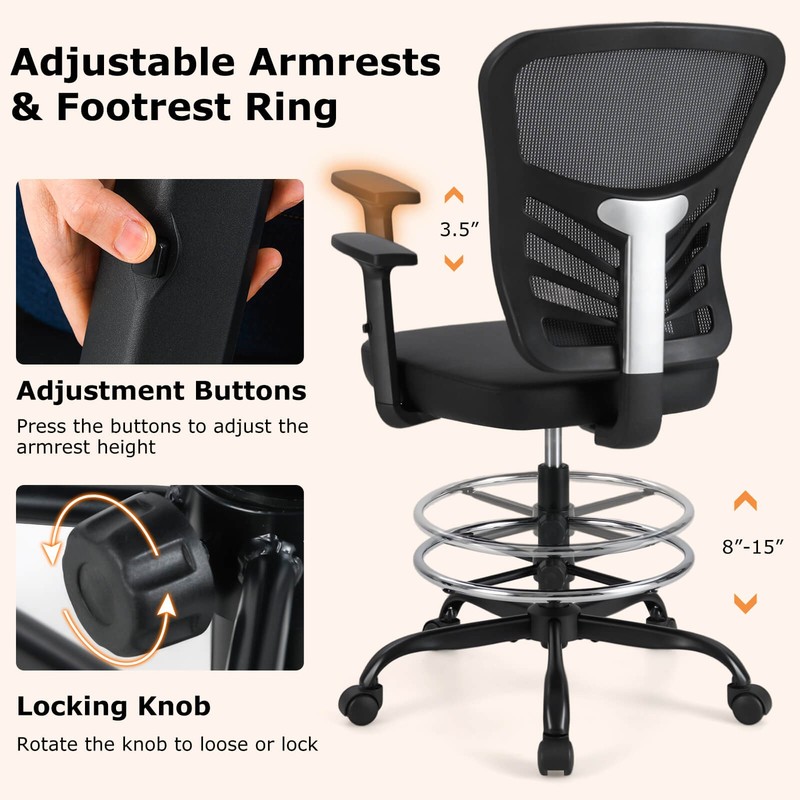 Costway Mesh Drafting Chair Office Chair w/Adjustable Armrests & Foot-Ring Black gallery