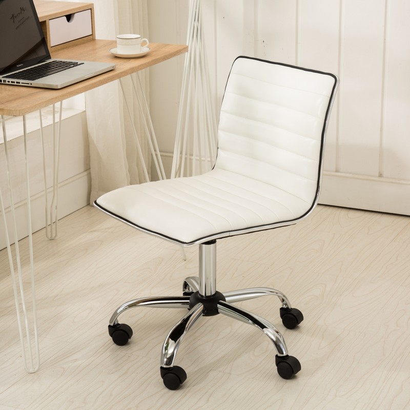 PU Faux Leather Armless Home Office Chair Seat Swivel Rolling Wheel Chair White