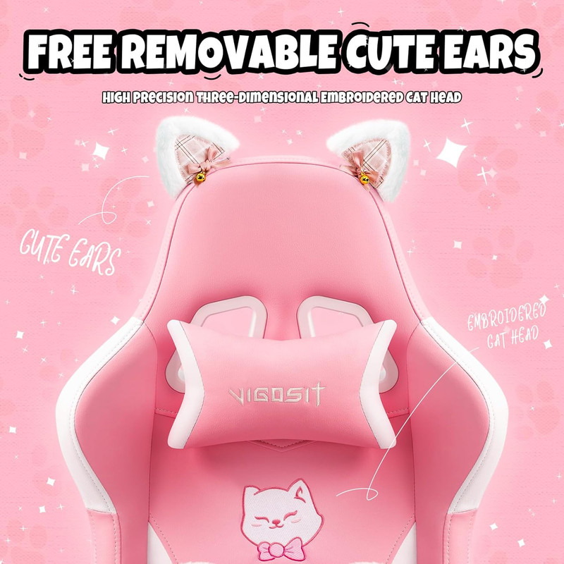 Cute Cat Ears Gaming Chair, Girly Ergonomic Computer Chair with High Back, 360° gallery