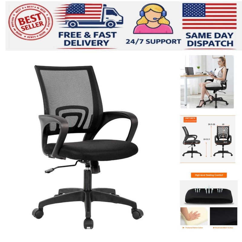 Ergonomic Mesh Office Chair with Lumbar Support & Adjustable Height in Black