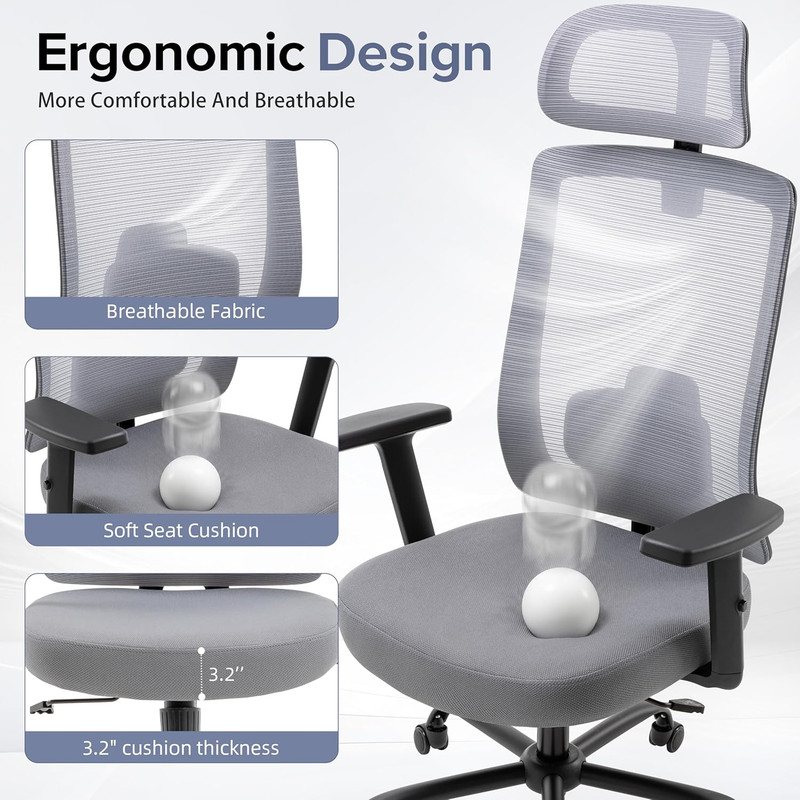 Set of 2 Ergonomic Mesh Office Chairs with Headrest and Flip-Up Arms, Grey gallery