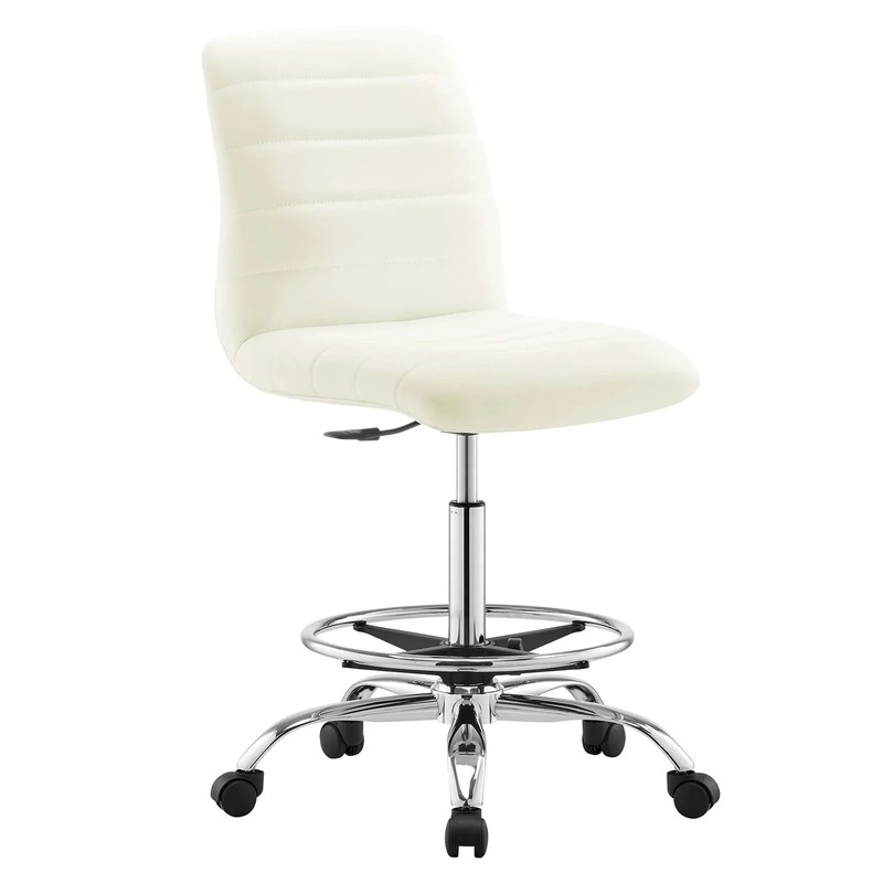 Mid-Back White Vegan Leather Drafting Chair with Chrome Metal Frame & Foot Ring
