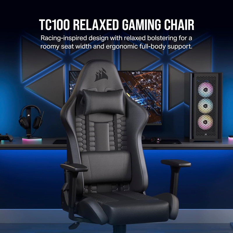 TC100 Relaxed Gaming Chair - Leatherette - Racing-Inspired Design - Lumbar Pillo gallery