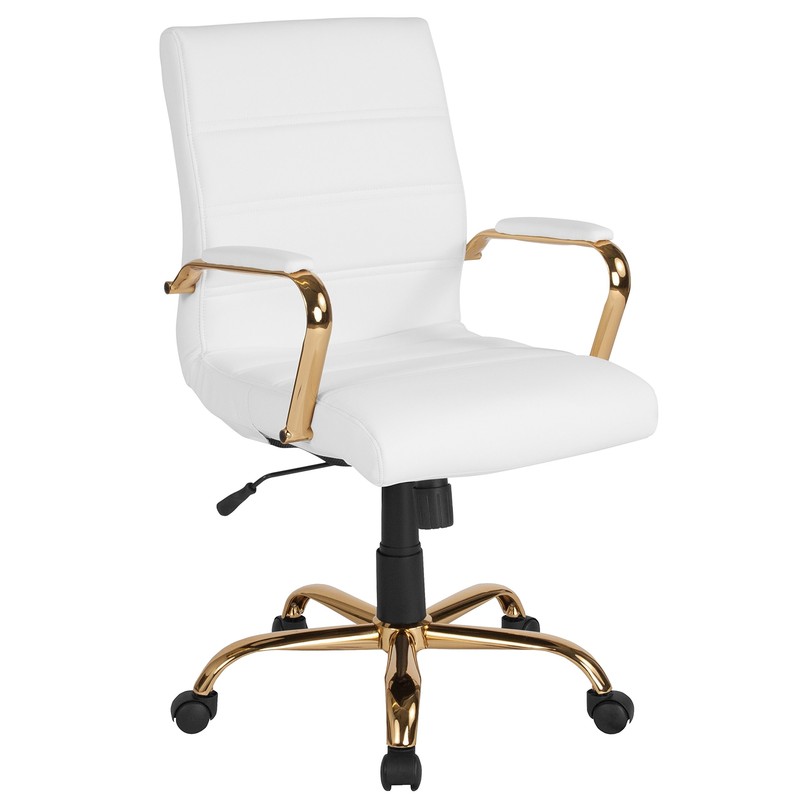 White LeatherSoft Mid Back Office Chair with Gold Frame and Padded Armrests