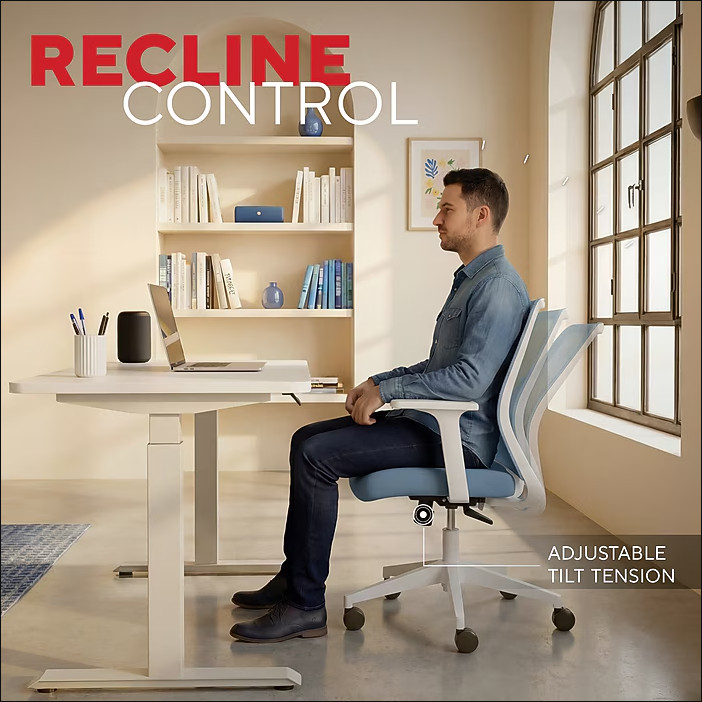 Staples Essentials Ergonomic Fabric Swivel Task Chair, Light Blue gallery