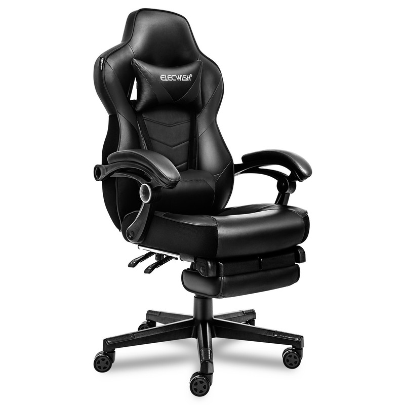 Video Gaming Chair Swivel Seat PU Leather with Footrest Lumbar Support-Black