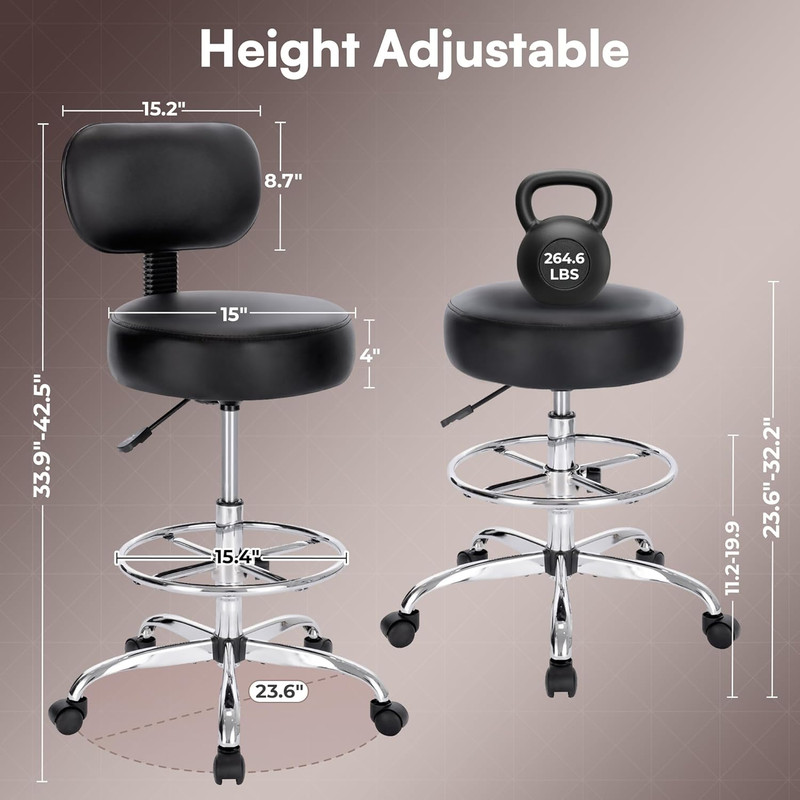 Drafting Chair with Back, Adjustable Foot Rest Rolling Stool, Multi-Purpose Offi gallery
