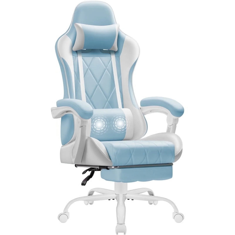 Gaming Chair with Massage & Footrest - High Back PU Leather Light Blue