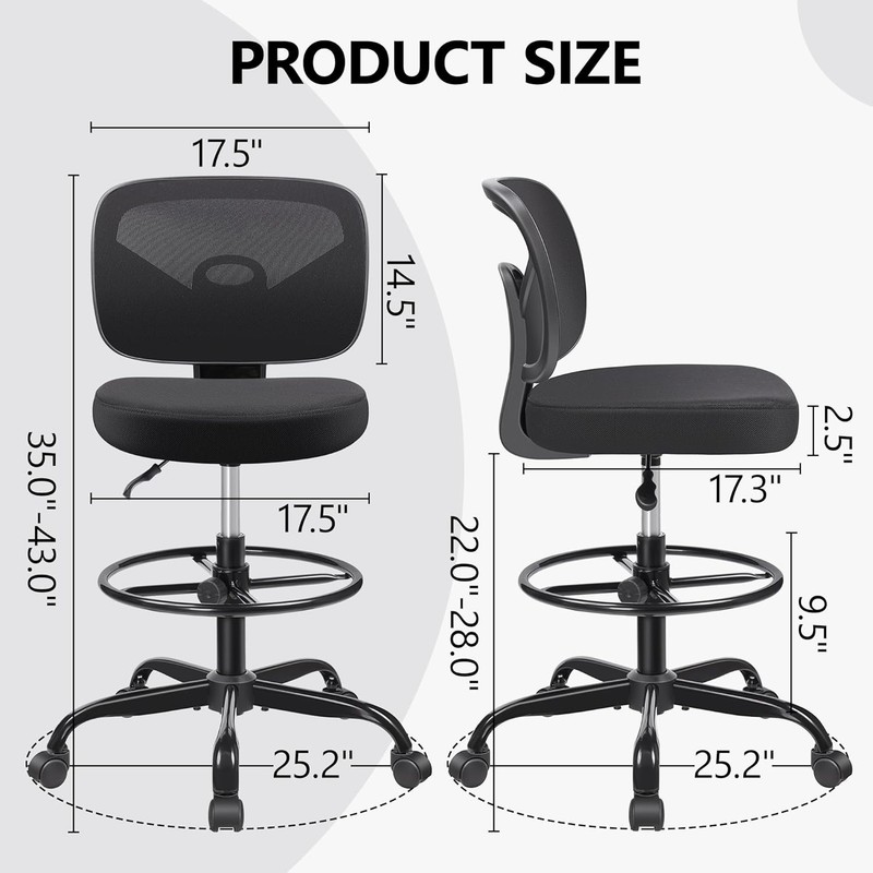 Ergonomic Tall Drafting Desk Chair - Adjustable Height, Breathable Mesh, Armless gallery