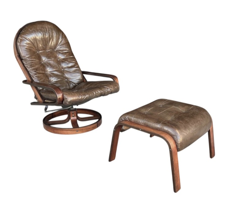Rykken & Co. Norwegian Rosewood Reclining Lounge Chair & Ottoman - Brown Leather gallery