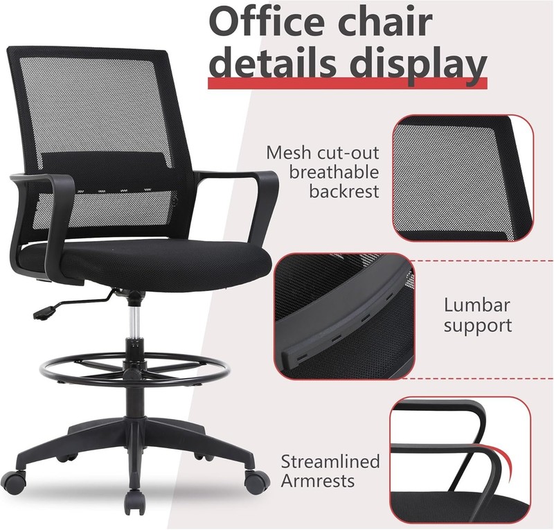 Drafting Chair Tall Office 23 Adjustable Swivel 1 Pack Black 100 Mesh gallery
