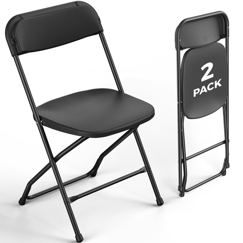 FurniEdge 2 Pack Black Plastic Folding Chairs, Outdoor Portable 2 Pack,