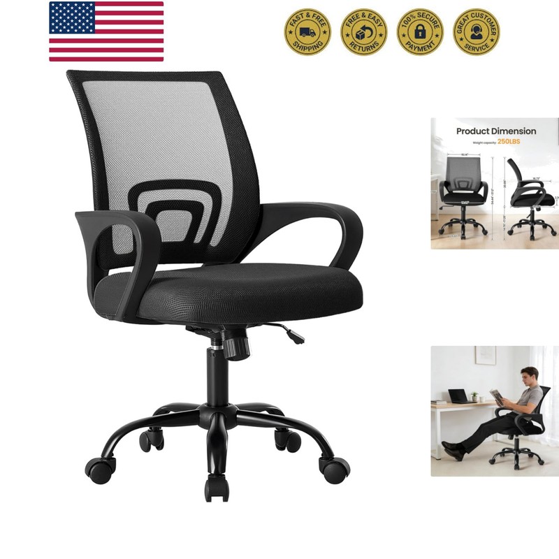 Office Desk Chair – Ergonomic Mid Back with Lumbar Support & Rocking Mode, He…