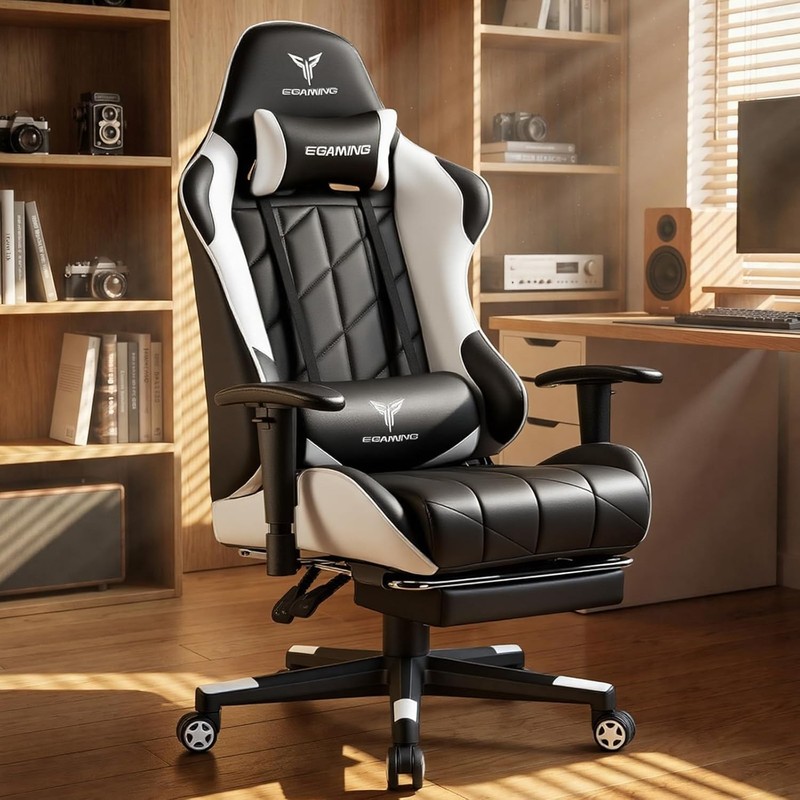 Ergonomic Gaming Chair for Big & Tall with Footrest - White PU Leather