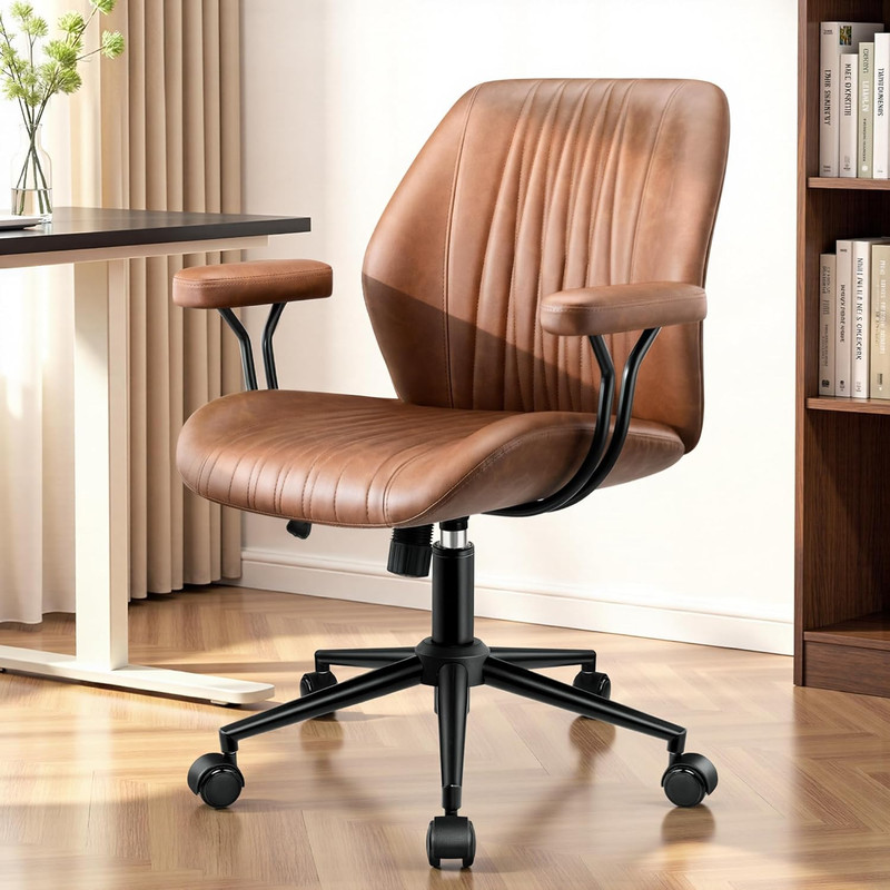 Leather Office Chair with Removable Armrests, Mid Back Ergonomic Desk Chair