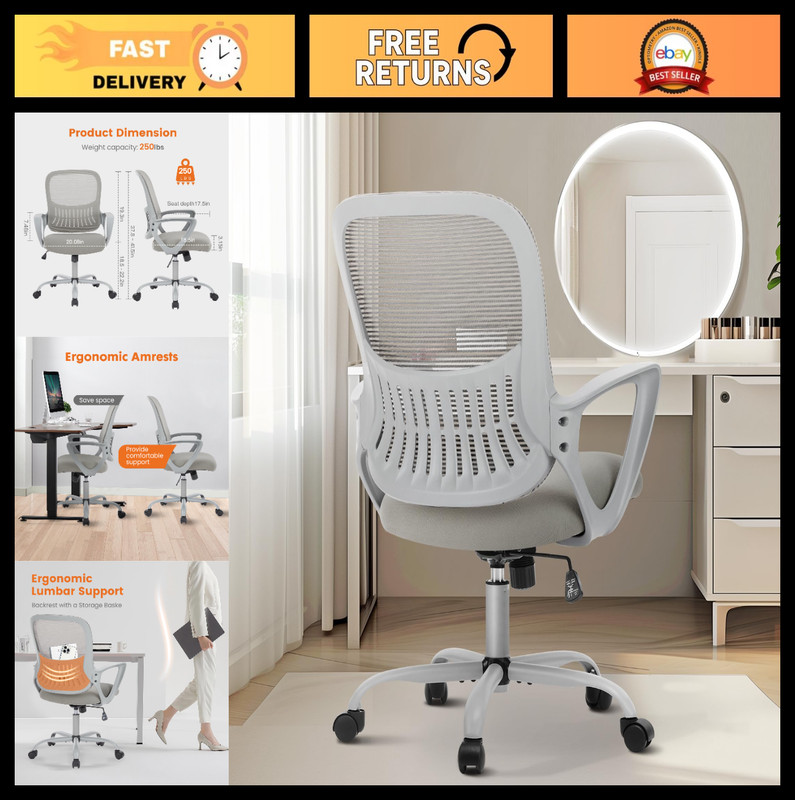Ergonomic Mesh Executive Chair – Adjustable Swivel Mid-Back with Lumbar Support,