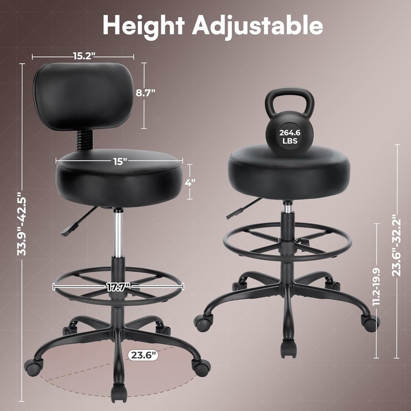 SUPERJARE Drafting Chair with Back, 23.6"D x 23.6"W x 35.8"H, All Black gallery