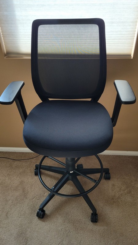 Staples Essentials Fabric Drafting Stool with Backrest and Footrest, Black...