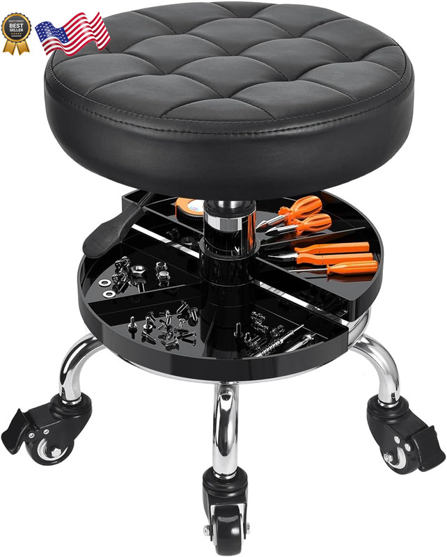 Adjustable Seat Work Shop Stool Chair Swivel Rolling Garage Mechanics w/ Storage