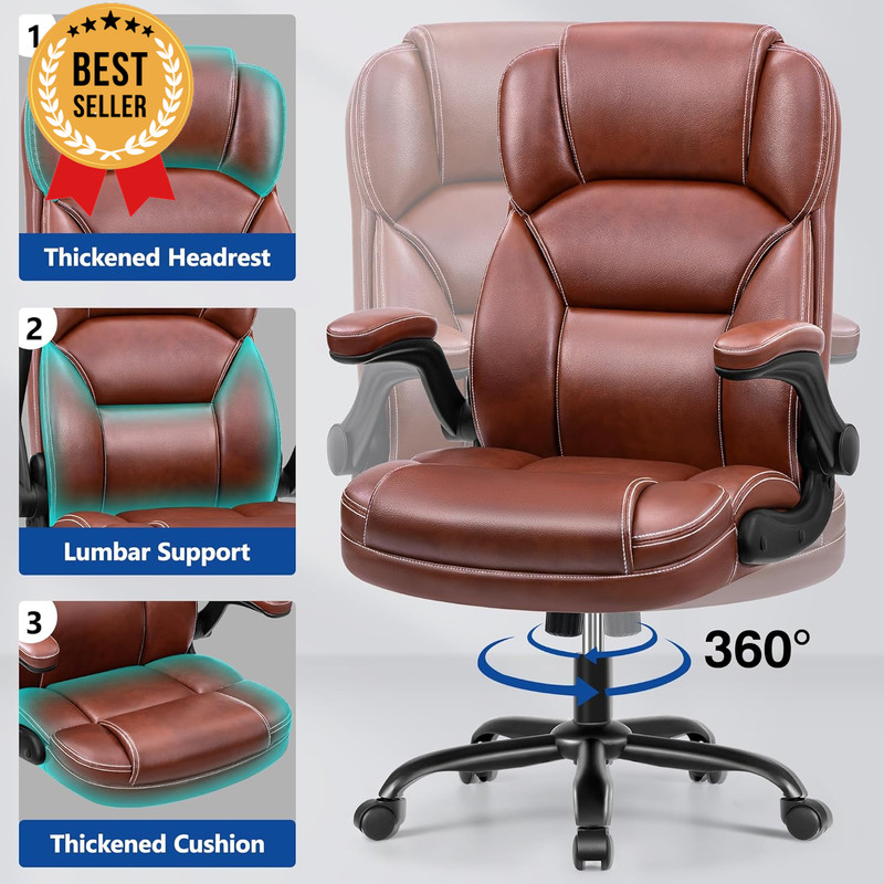 PU Leather Mid-Back Office Chair Adjustable Swivel Rolling Flip Armrests gallery