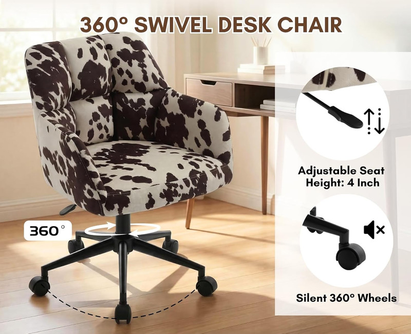 Cow Print Desk Chair Velvet Office Chair, 360° Swivel Work Chair with Mid Back S gallery