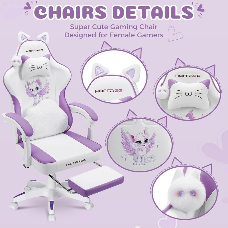 Gaming Chair with Cat Ears and Cloud Massage Lumbar Ergonomic Cute Computer Chai gallery