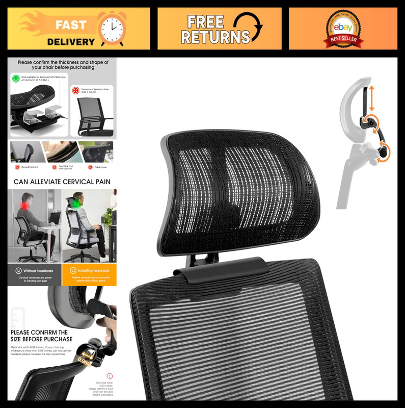 Ergonomic Office Chair Headrest Attachment - Adjustable Height & Angle, Mesh Des