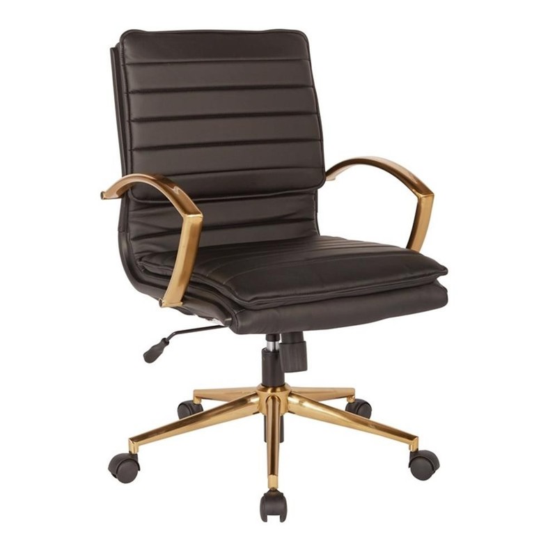 Mid-Back Faux Leather Chair with Gold Finish in Black Faux Leather