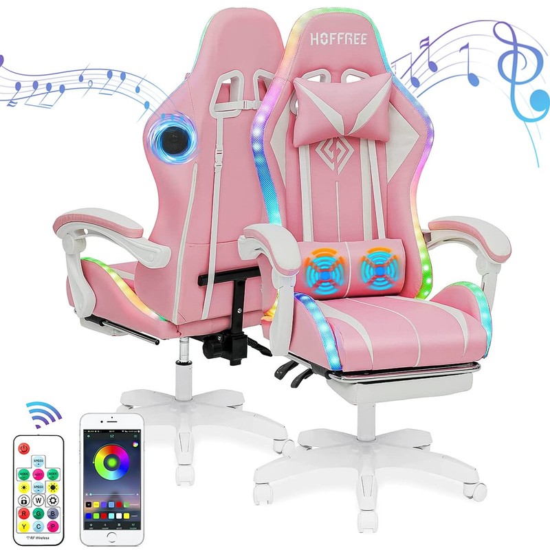 LED Computer Gaming Chair W/ Speaker Ergonomic Office Swivel Racing Chairs Pink