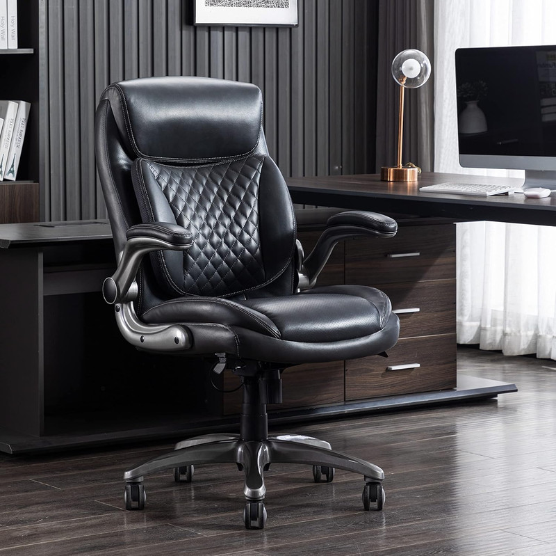 Ergonomic Desk Office Chair, Flip-Up Armrests, Adjustable Height, Grey Leather gallery