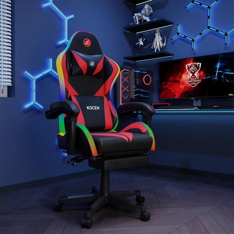 Dynamic LED Gaming Chair Ergonomic Reclining Design Memory Foam Neck Support New