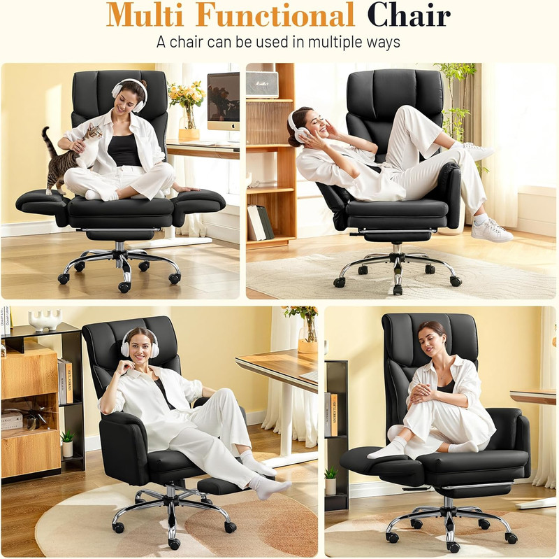 Big & Tall Office Chair, 400LBS, Leather, Reclining, w/ Footrest, Black gallery