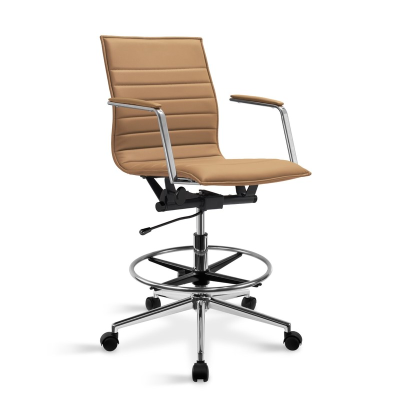 Modern Drafting Chair | Upholstered PU Leather Ribbed Mid Back with Adjustable